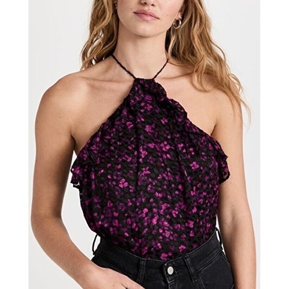 RAMY BROOK Pippin Halter Tank Top Womens XS Pink Purple Black Dot Blouse NEW - Picture 1 of 16